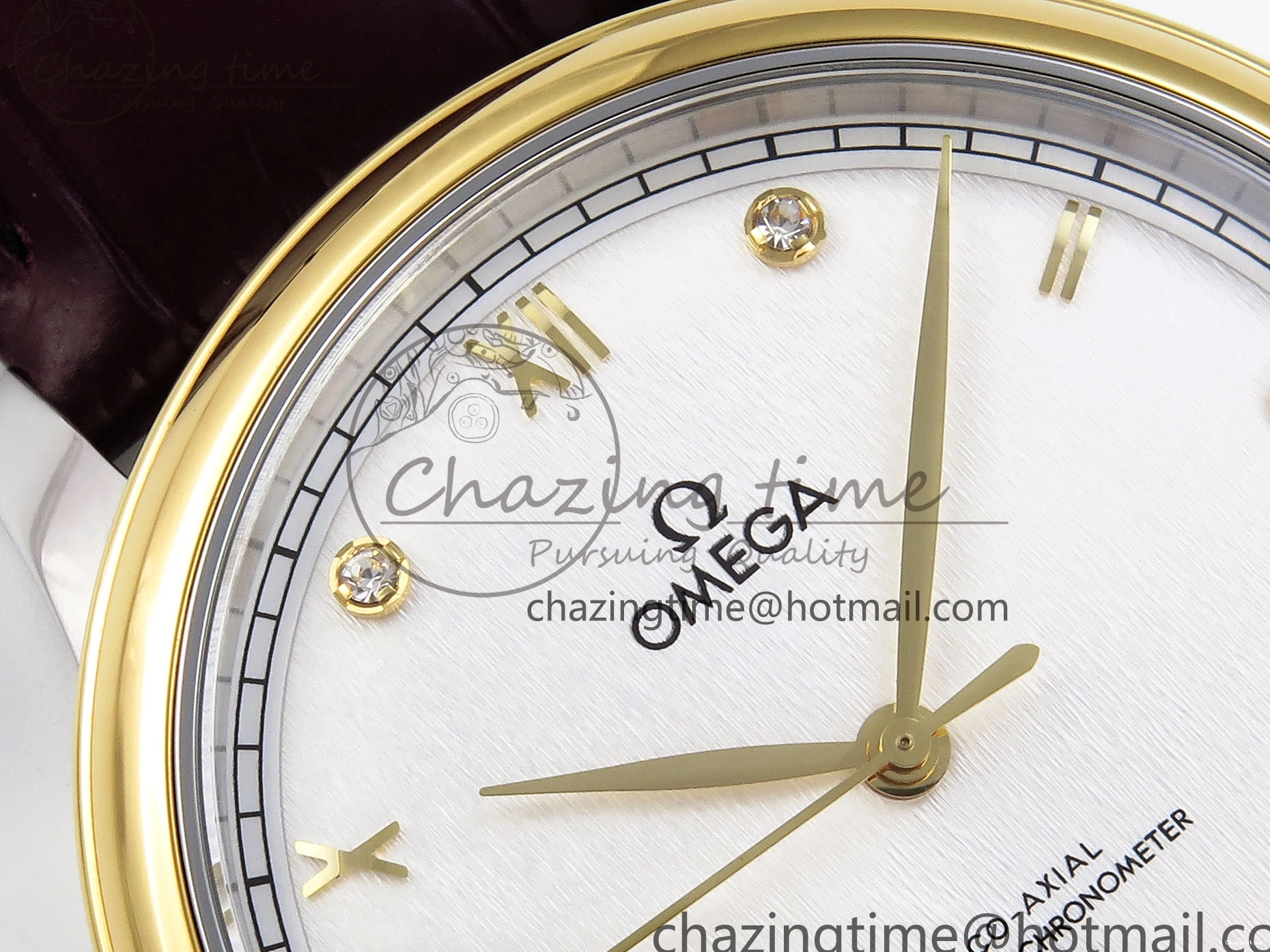 0421 De Ville Date YG MKF 1:1 Best Edition White Textured Dial Diamonds Marker on Brown Leather Strap A WaterResistant 7754